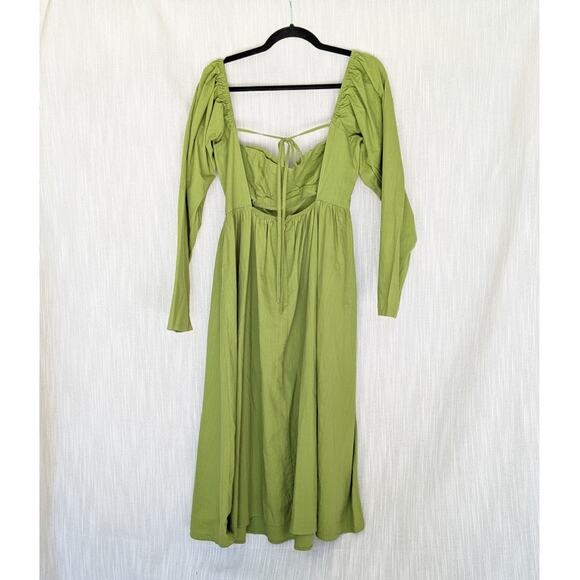 Nasty Gal Green Ruched Bust Open Tie Back Long Sleeve Fitted Midi Dress, size 6 - Picture 3 of 14